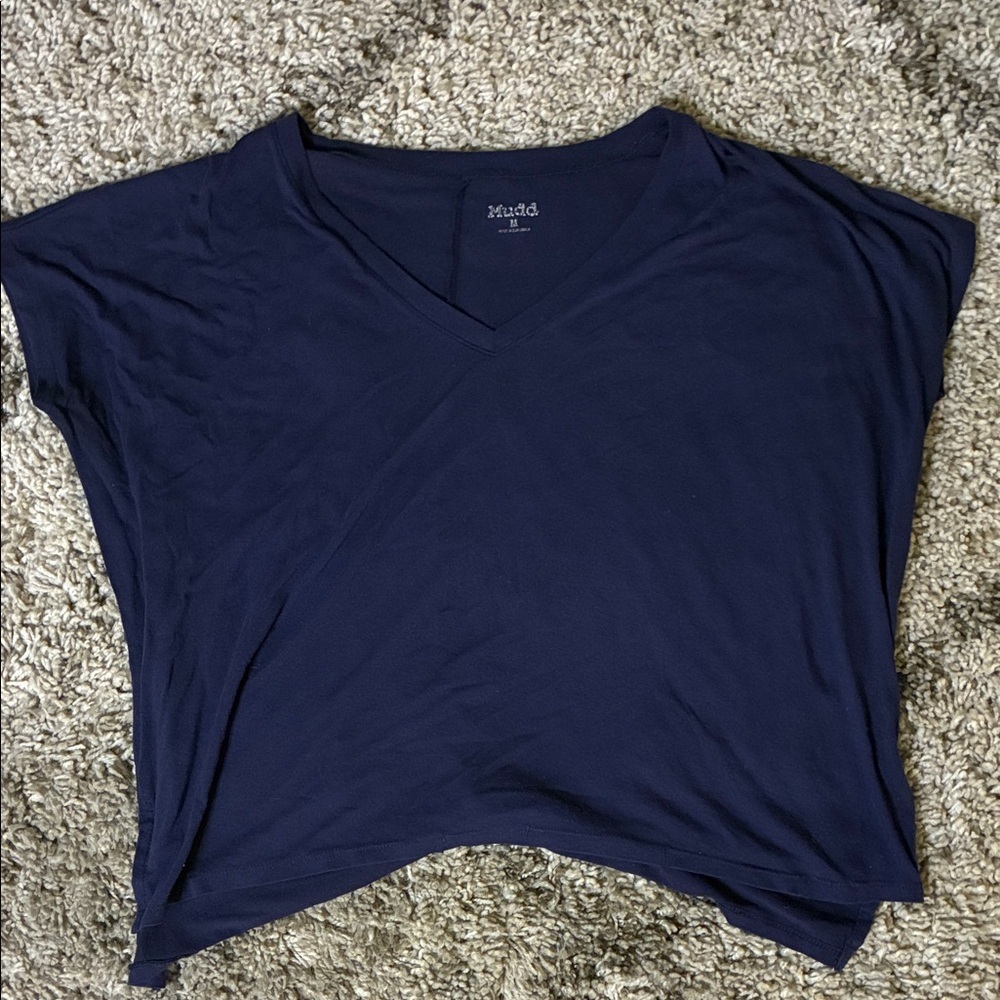Mudd Women's Soft Deep Blue Cropped V-Neck Tee - Timeless
